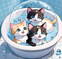 Cute little kitty cats sitting in a basin with water.