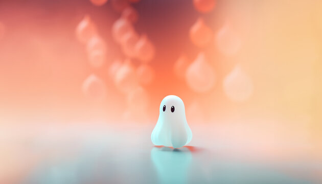 Simple, minimalist, colorful illustration of a cute white ghost on a reflective surface.  Halloween theme with copyspace on red abstract background. Generative AI