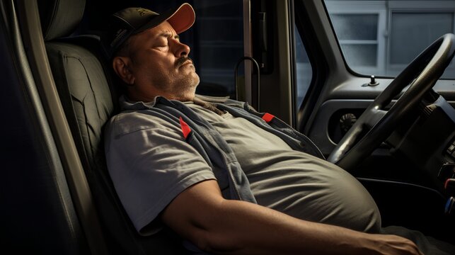 Exhausted and tired truck driver sleeping behind the steering wheel. Fatigue after long night hour shifts that are a part of his routine driving. Unhealthy lifestyle of job with long hours on road.