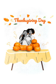 Greeting picture collage postcard of two people wife and husband preparing thanksgiving day isolated on drawing background