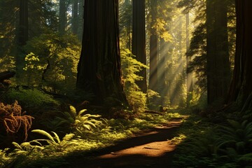 Enchanting: sunlit redwood forest. Generative AI