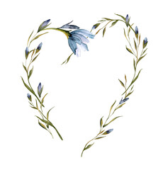Watercolor wildflowers floral heart wreath with blue flower and green leaves. Hand-drawn summer greenery frame template isolated on transparent background for wedding invitations, cards, logo