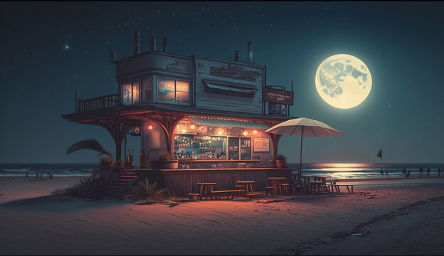 Lofi inspired beachfront bar during twilight under a starry moonlit sky