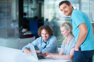 Office laptop, portrait man and team reading, group collaboration and cooperation on online research report. Editing process, project management and people teamwork, planning or check feedback info