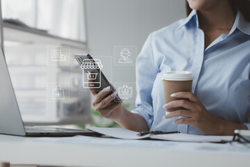 Asian woman sitting in startup company office, businesswoman, executive and investor in business and stocks, management of young people, new concept. Start-up company management concepts.