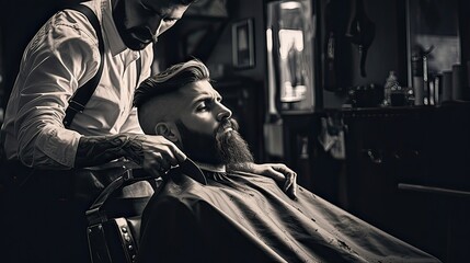 Barber expertly trims a gentleman's beard and mustache, ensuring a well-groomed and stylish appearance. Grooming, precision, facial hair styling, male self-care, meticulous work. Generated by AI - obrazy, fototapety, plakaty