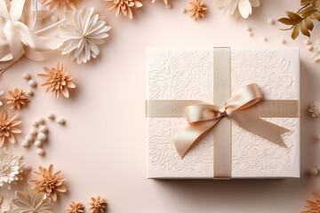 Gift box with ribbon and flowers on beige background.. 