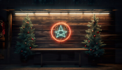 Christmas tree with a star on the wooden wall.. 