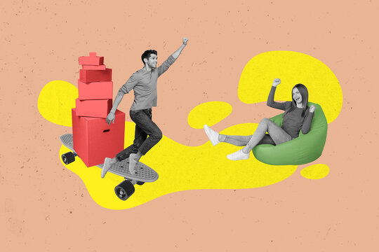 Artwork collage picture of two excited people sit beanbag raise fists jump big skateboard deliver pile stack boxes isolated on beige background