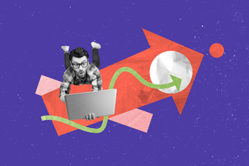 Collage portrait of impressed black white effect guy flying use netbook arrow pointer indicator isolated on violet background