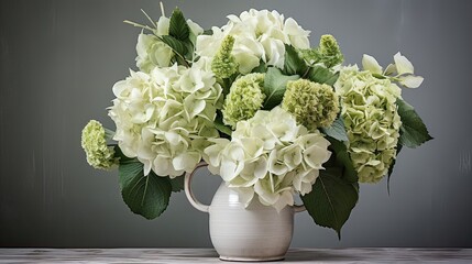 A beautiful bouquet of white and green hydrangeas. Flowers, floral elegance, bouquet, white and green, harmony, fresh beginnings, gift, sentiment. Generated by AI