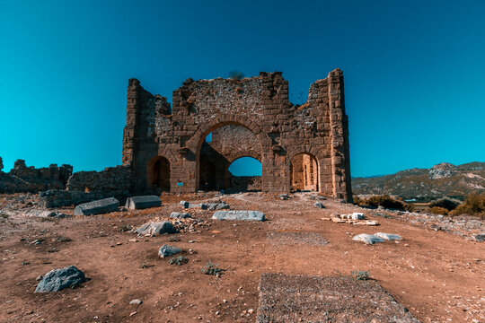 Aspendos amphitheater building ruins in Antalya, Turkey.