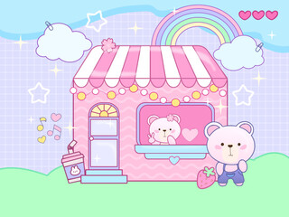 Cute kawaii ice cream menu cartoon animals characters bears with house rainbow clouds windows hearts anime