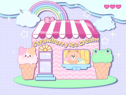 Cute kawaii ice cream menu cartoon animals characters bears with house rainbow clouds windows hearts cat frog strawberry ice cream slogan kids on violet backgrounds banner card template House 
