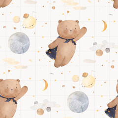 Cute bear cub flies among the stars and planets. Watercolor background. Seamless pattern.