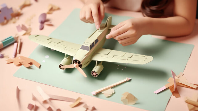 Focused kids assembling a model airplane engaging in precision and patience made in paper cut craft