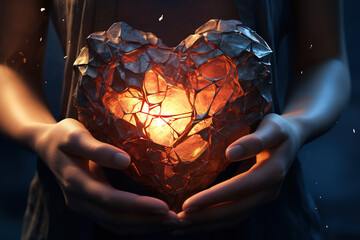 A person's hands holding a cracked, weathered heart, The cracks are slowly mending