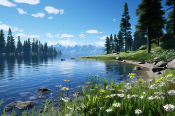 A tranquil lakeside scene, where the water is still and reflective, surrounded by lush greenery and a clear blue sky overhead - obrazy, fototapety, plakaty