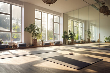 A yoga studio with large windows, allowing gentle sunlight to fill the room, and mats arranged neatly