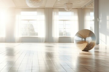 Silver disco ball in a light empty room. Dance studio.