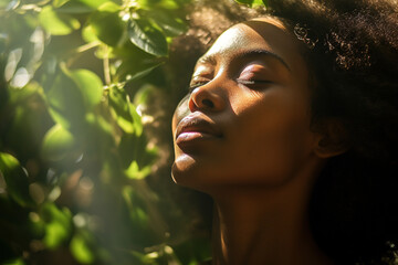  Soft sunlight filters through the leaves of a tree, casting dappled patterns on their skin. This image conveys a sense of inner peace and connection with nature - obrazy, fototapety, plakaty