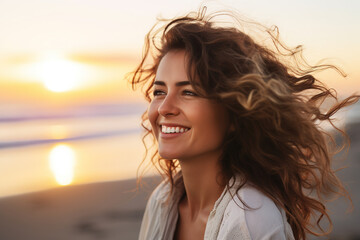 Close-up of a woman looking at a quiet beach at sunset. with a happy mood - obrazy, fototapety, plakaty