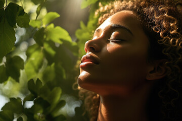 Soft sunlight filters through the leaves of a tree, casting dappled patterns on their skin. This image conveys a sense of inner peace and connection with nature - obrazy, fototapety, plakaty