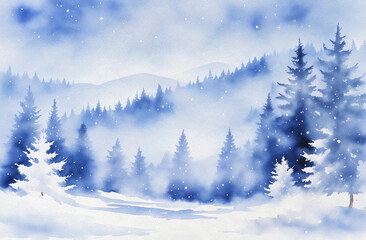 Fototapeta na wymiar snow covered winter wonderland watercolor painting artwork