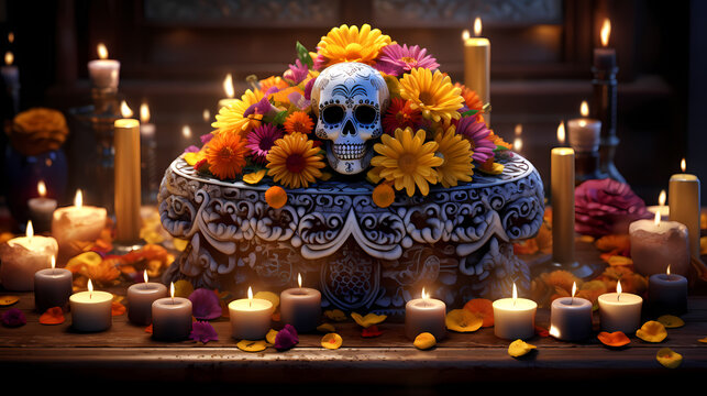 A lively Día de los Muertos tableau featuring a detailed sugar skull centerpiece surrounded by flickering candles and marigold garlands, 3D rendered illustration, a tribute to the Day of the Dead trad