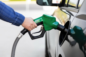 Generative AI illustration of Anonymous man refilling vehicle tank at petrol station