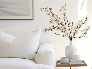 Bright white home interior decor, cozy living room decoration with pillows and warm blanket