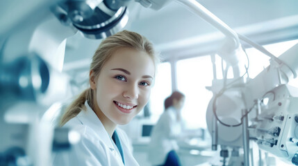Young intern student with the equipment in a clinical laboratory of the science School. Young researcher in training at a modern medical research Laboratory. Generative Ai