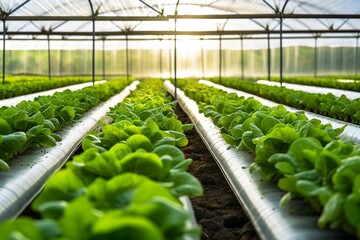 Banner agriculture farm. Green lettuce in greenhouse, irrigation hoses between rows of beds. Generative AI - obrazy, fototapety, plakaty
