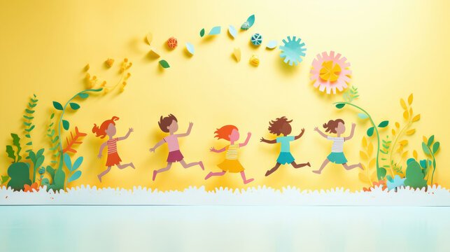 Playful children running through a sprinkler laughing and cooling off in the summer heat made in paper cut craft