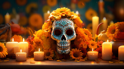 A lively Día de los Muertos tableau featuring a detailed sugar skull centerpiece surrounded by flickering candles and marigold garlands, 3D rendered illustration, a tribute to the Day of the Dead trad