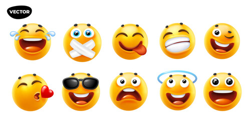 3d vector style design of funny set of emoji with smile, heart, tongue, halo and sad tear. Vector cool collection of illustration of happy fun yellow color emoticon with different emotion