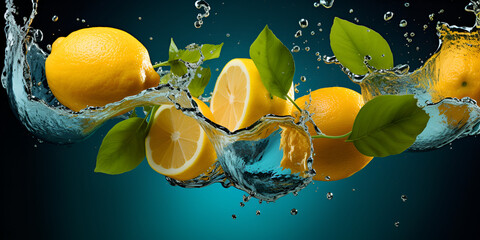 A bunch of lemons with green leaves floating in the water, Illustration of fresh citrus orange lemon fruit with water splash on blue background, Fresh lemon with water splash, generative AI

