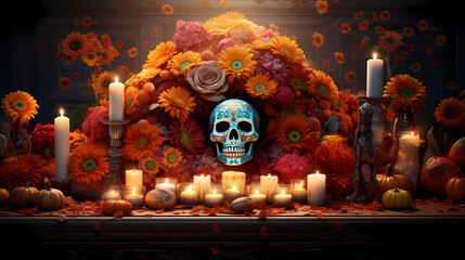 A lively Día de los Muertos tableau featuring a detailed sugar skull centerpiece surrounded by flickering candles and marigold garlands, 3D rendered illustration, a tribute to the Day of the Dead trad - obrazy, fototapety, plakaty