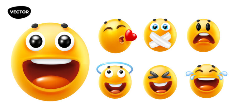 3d vector style design of funny set of emoji with tongue, halo, tear, sad and smile. Vector cool collection of illustration of happy fun yellow color emoticon with different emotion