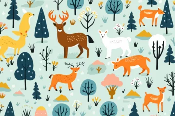 Foto op Canvas Wildlife in mountain habitats quirky doodle pattern, wallpaper, background, cartoon, vector, whimsical Illustration © Joseph