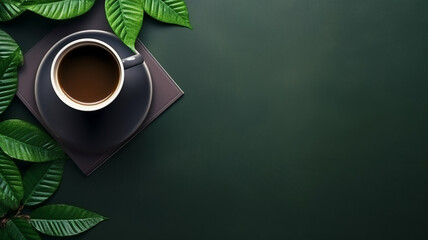 A dark green desk in an office with a closed paper notebook, green leaves of ornamental grass and a cup of coffee. View from the top with copyspace for your text. Calm workspace concept.