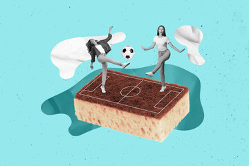 Collage portrait of two overjoyed mini black white effect girls leg kick play football big sponge...