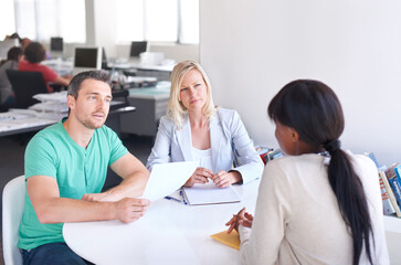 Business people, job interview and paper for startup career and manager in meeting at tech company....