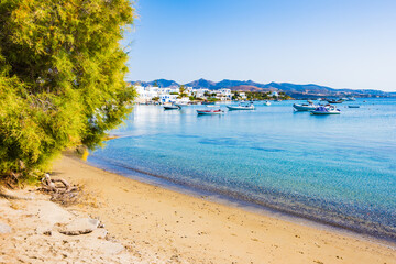 Beautiful sandy beach in Pollonia port, Milos island, Cyclades, Greece
