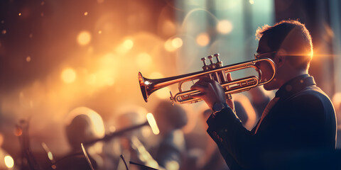 Hands of man playing the trumpet in the orchestra, Trumpet, Player, vintage, dark, A musician playing a trumpet on stage during a performance, Generative Ai - obrazy, fototapety, plakaty