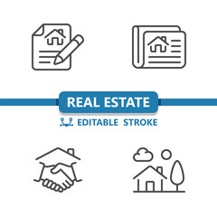 Real Estate Icons. House, Contract, Lease, Newspaper, Handshake, Home Icon
