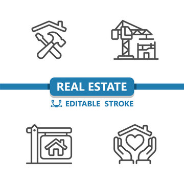 Real Estate Icons. House, Home, Tools, Construction, For Sale Sign, Hands Icon