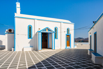 Typical Greek white church in Pollonia village, Milos island, Cyclades, Greece