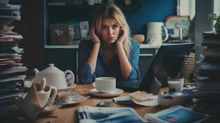 Overemployment concept. Tired and overworked woman with remote work from home. Exhausted and stress of juggling multiple responsibilities. Woman with overwhelming workload, sleepless nights. - obrazy, fototapety, plakaty