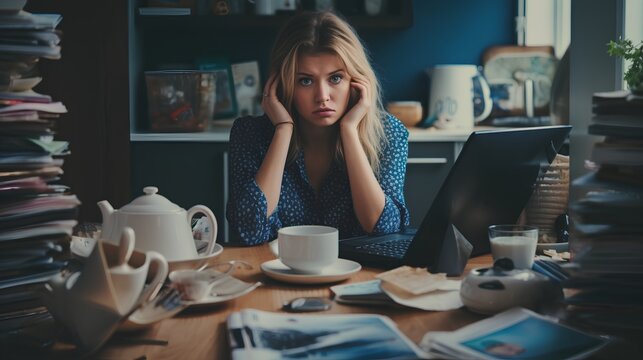Overemployment concept. Tired and overworked woman with remote work from home. Exhausted and stress of juggling multiple responsibilities. Woman with overwhelming workload, sleepless nights.